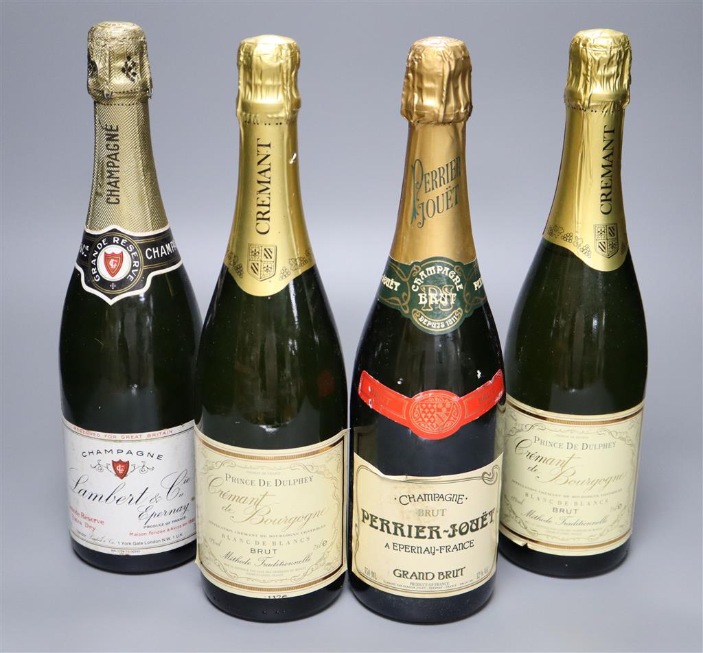 Two bottles of NV Champagne, Perrier-Jouet and Lambert & Cie and two bottles of Crement de Bourgogne.
